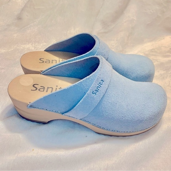 SALE! Sanita Mule Clogs Euro 36 US 5/6 Powder Blue Suede Wood Base Made Denmark - Picture 1 of 16